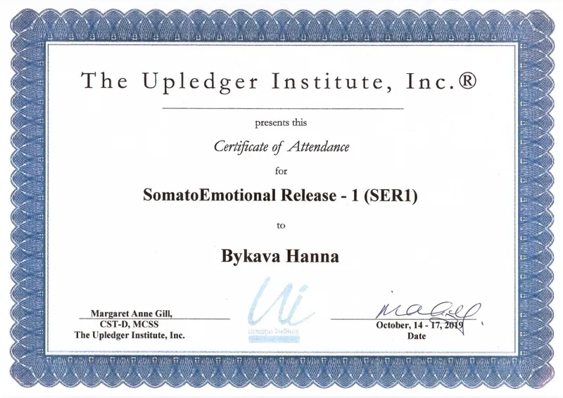 Upledger Institute Certificate — SomatoEmotional Release 1