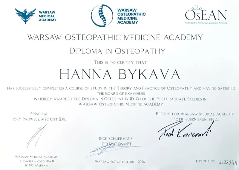 Dyplom Warsaw Osteopathic Medicine Academy — Diploma in Osteopathy (D.O.)